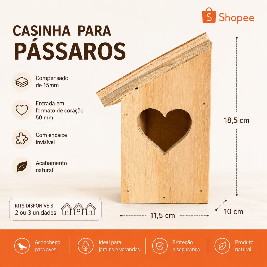 Casinha Passarinho Porta Coração Ninho de Madeira para Aves Livres Jardim Abrigo para Aves Cor Natural