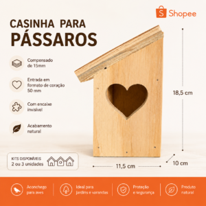 Casinha Passarinho Porta Coração Ninho de Madeira para Aves Livres Jardim Abrigo para Aves Cor Natural