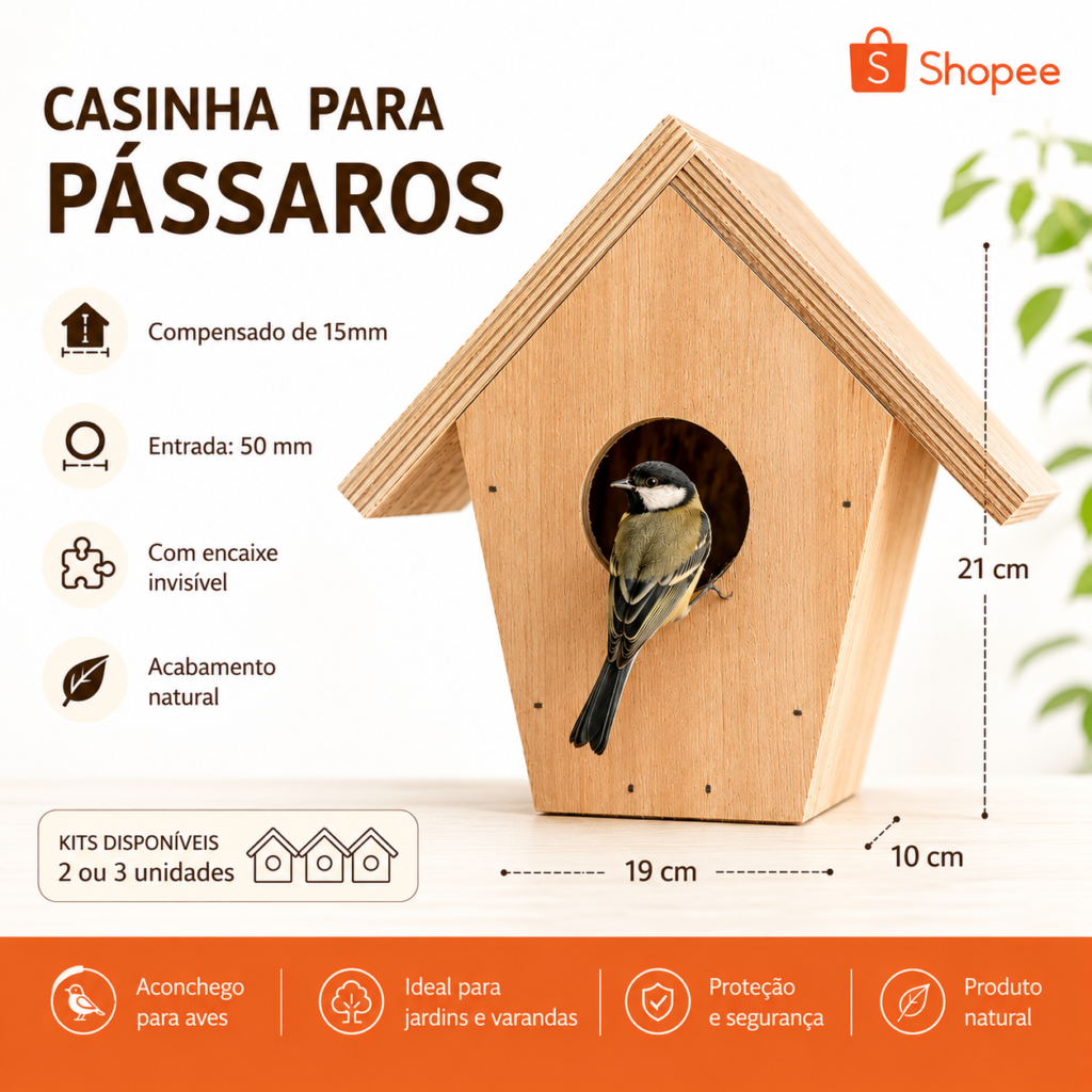 Casinha Passarinho Ninho de Madeira para Aves Livres Jardim Abrigo para Aves Cor Natural